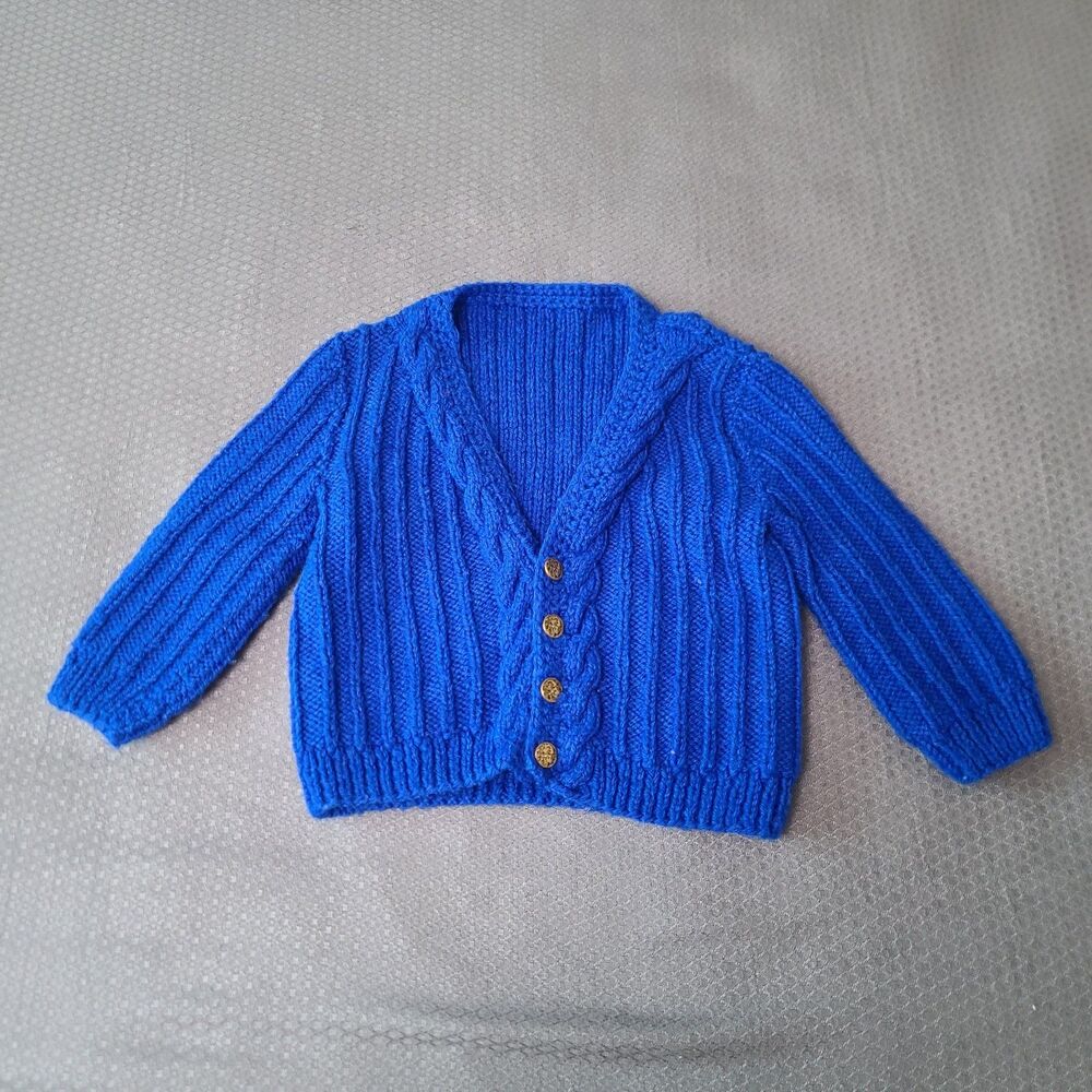 Hand Knit Cable Pattern Cardigan Royal Blue Indian Head Button Size 24 Month
